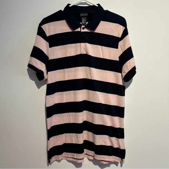 H&M Men’s Polo Shirt Medium – Pink & Navy Blue Striped Short Sleeve Rugby Style - Picture 1 of 8